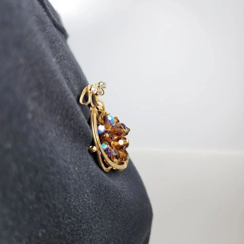Vintage Lady Bug Brooch Pin Aurora Borealis Glass Beads Gold Tone Insect 60's